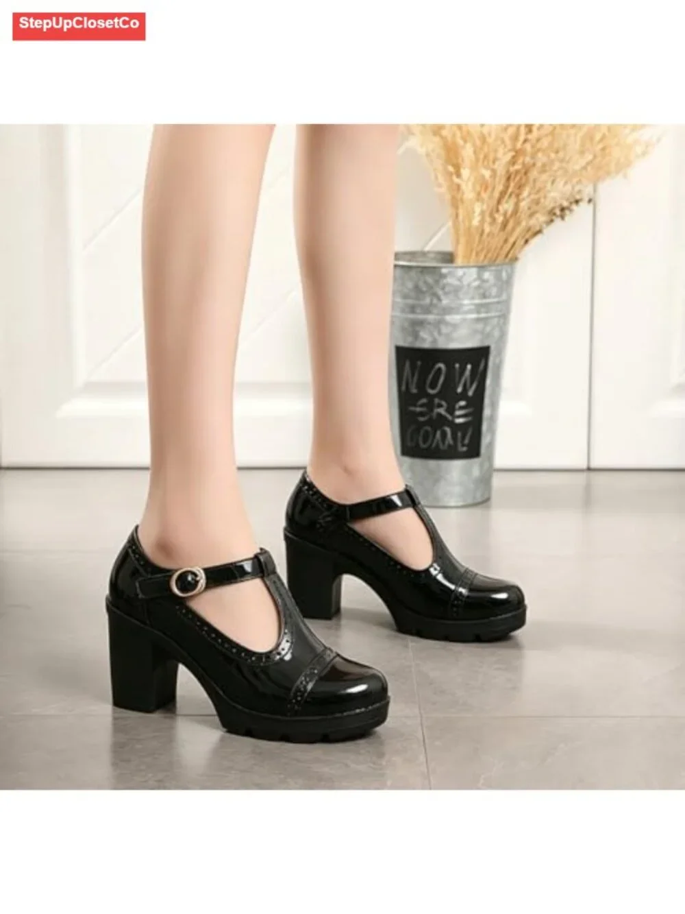 Women's Classic T-Strap Platform Mid-Heel Square Toe Oxfords Dress Shoes